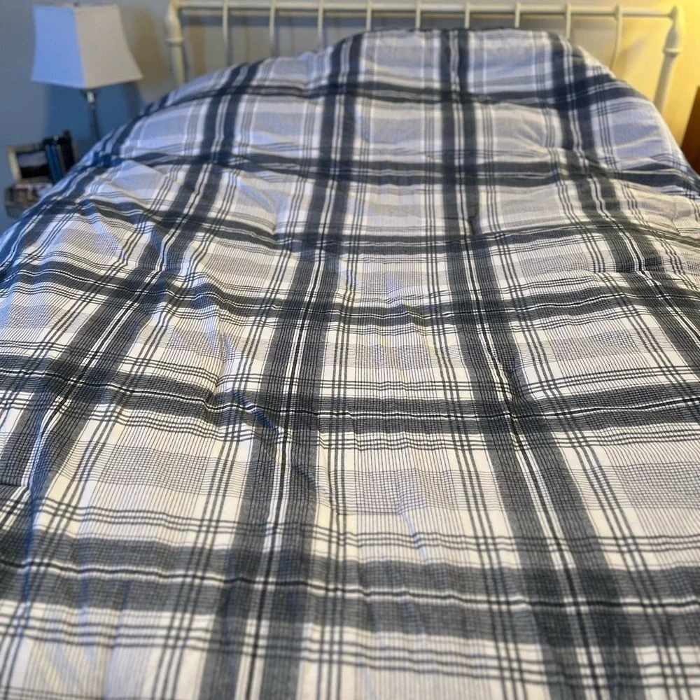 Brooks Brothers Twin Plaid Cotton Flannel Comforter And Sham Gray White EUC